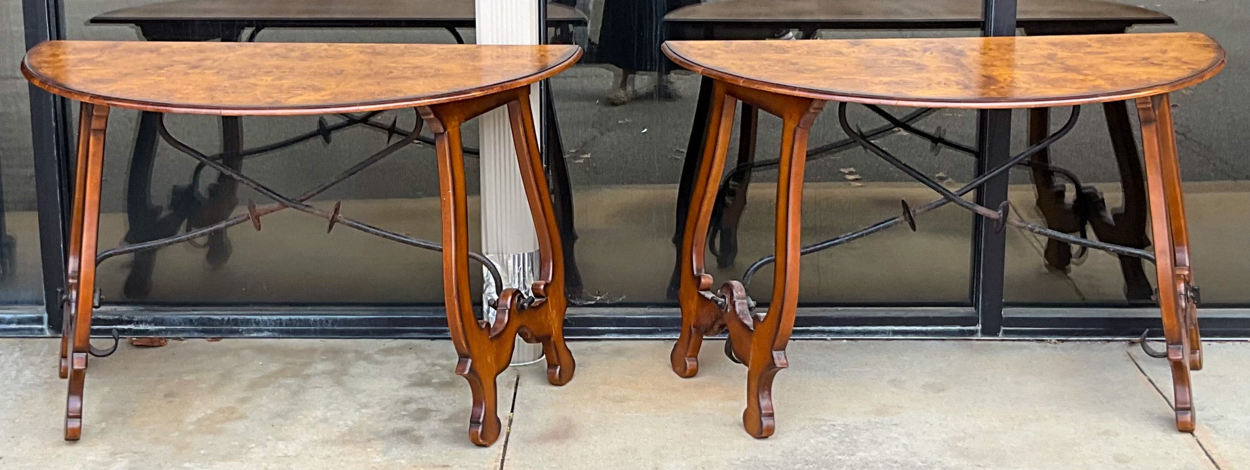 Italian Baroque Style Burl Walnut W/ Iron Stretcher Console Tables - Pair