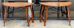 Italian Baroque Style Burl Walnut W/ Iron Stretcher Console Tables - Pair