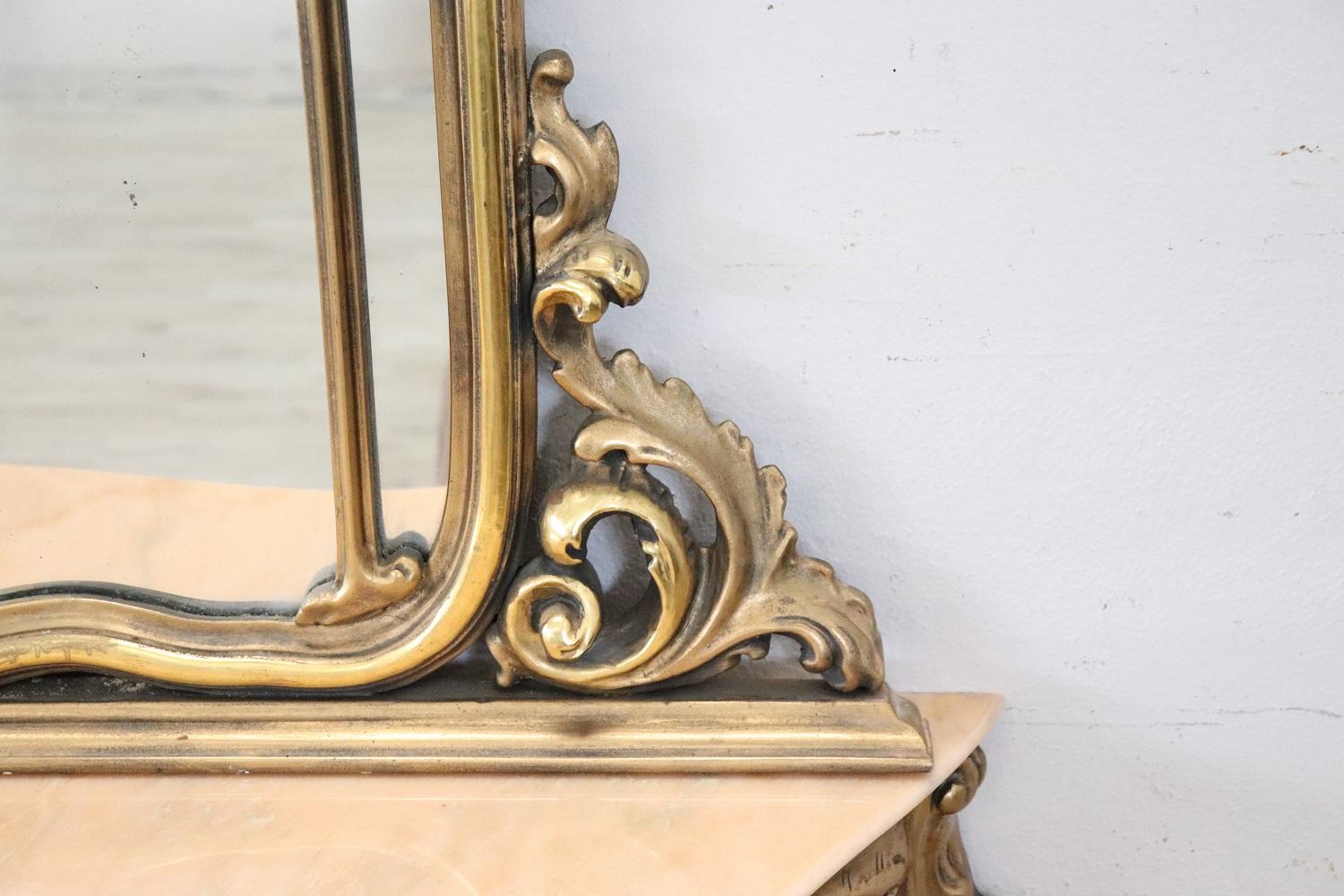 Hand-Carved Italian Baroque Style Carved and Gilded Wood Console Table with Mirror For Sale