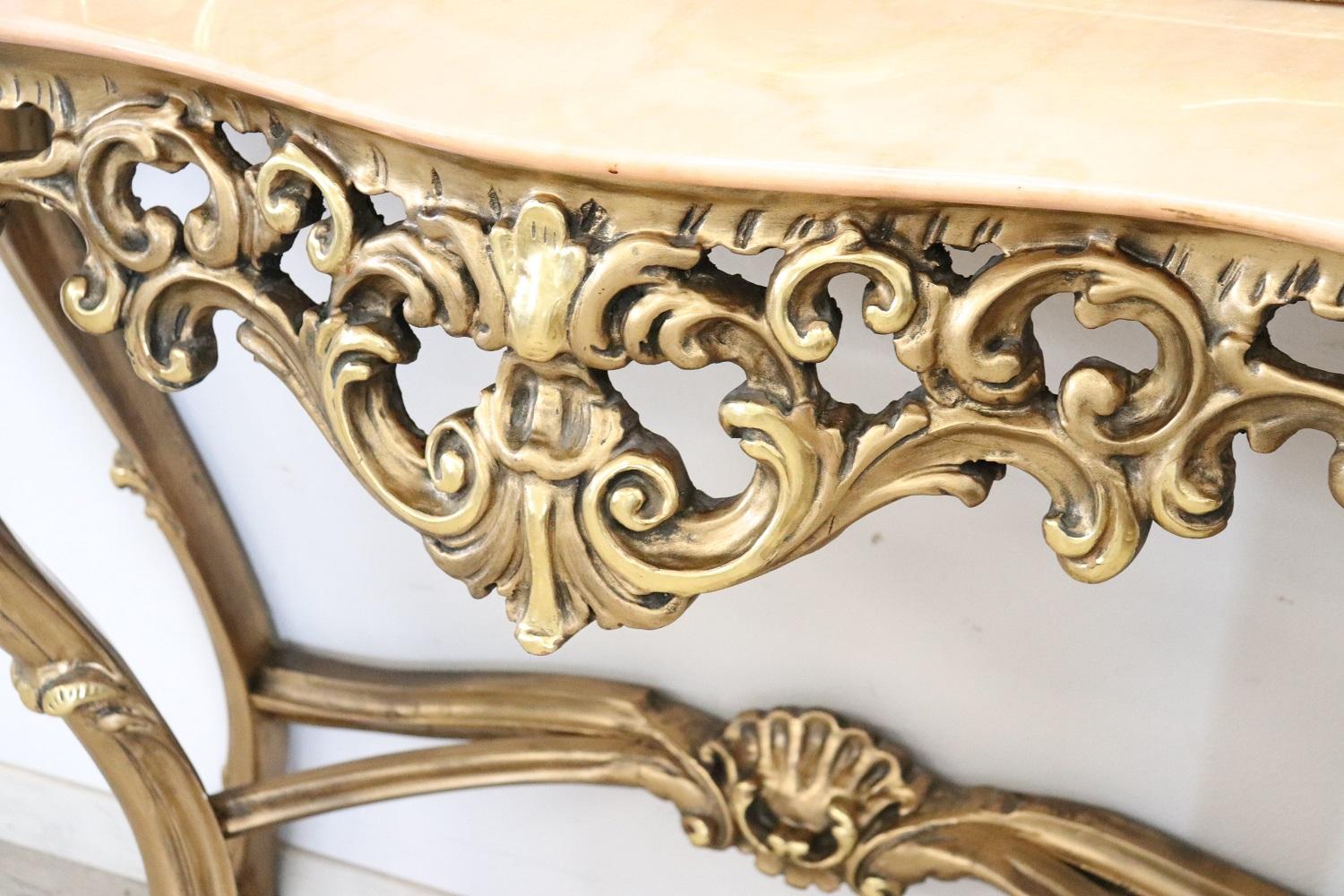 Mid-20th Century Italian Baroque Style Carved and Gilded Wood Console Table with Mirror For Sale
