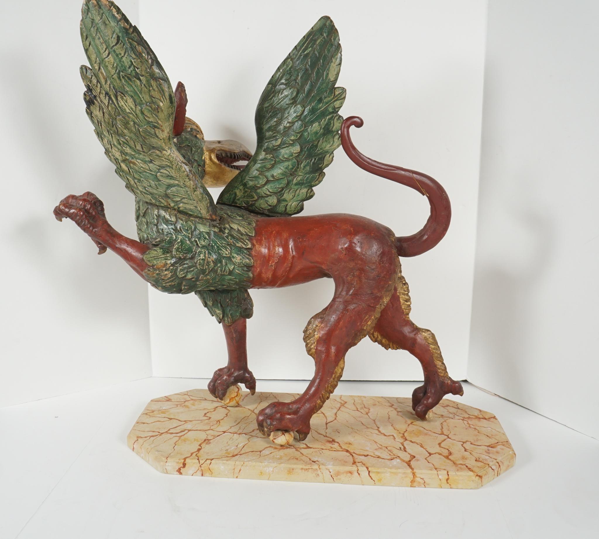 18th Century Italian Baroque Style Carved, Painted and Gilded Wood Figure of a Griffon For Sale