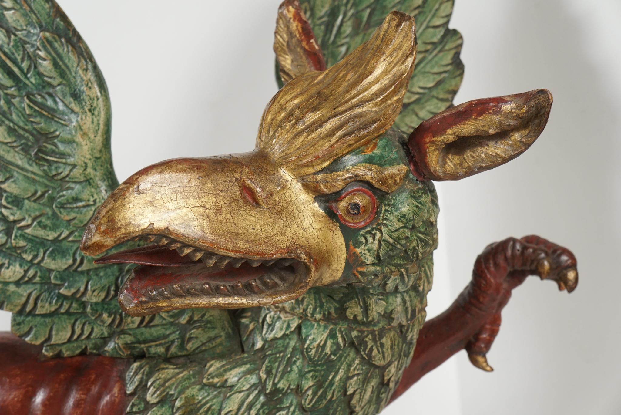 Italian Baroque Style Carved, Painted and Gilded Wood Figure of a Griffon For Sale 1