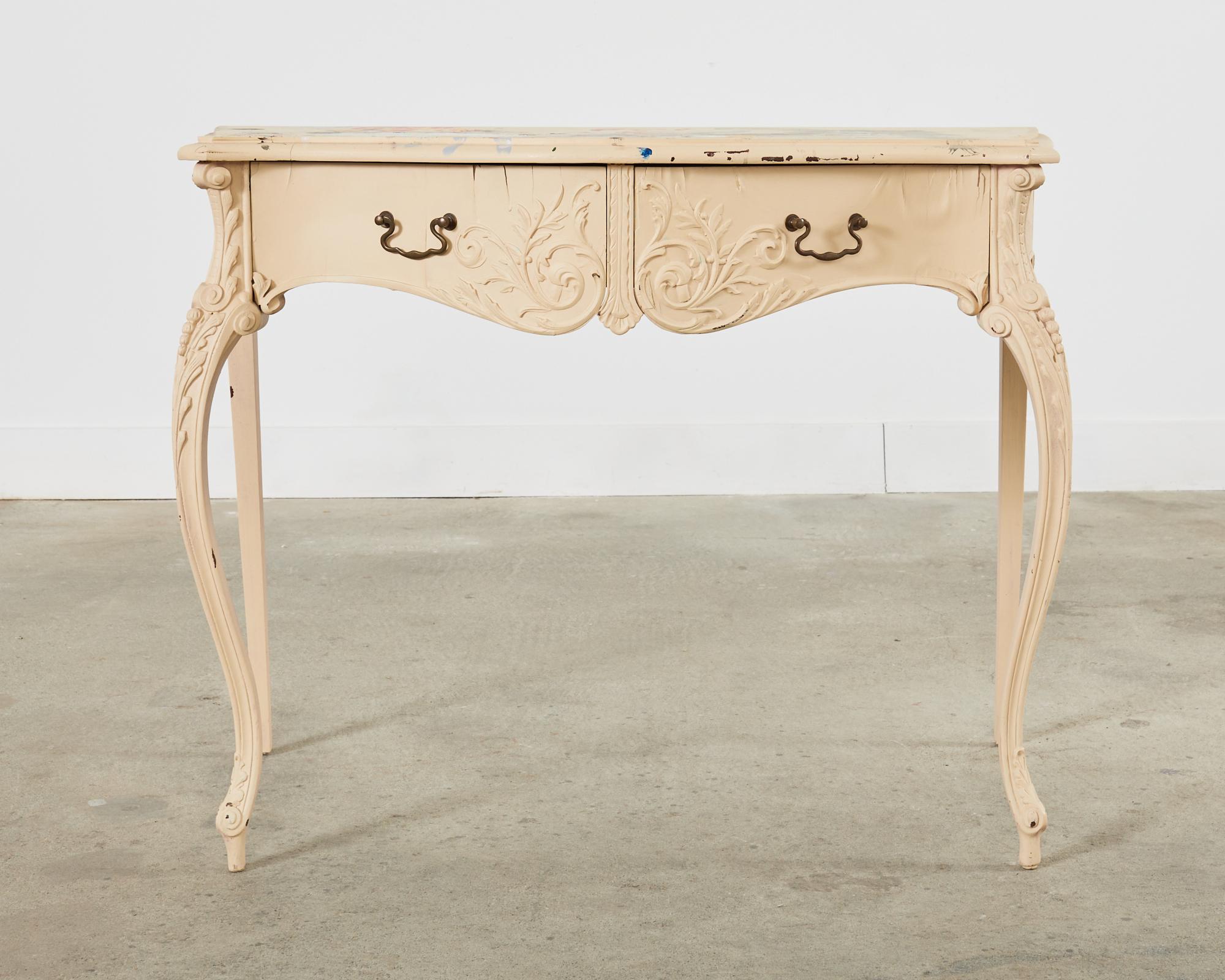 Italian Baroque Style Desk Lacquered by Artist Ira Yeager In Distressed Condition For Sale In Rio Vista, CA