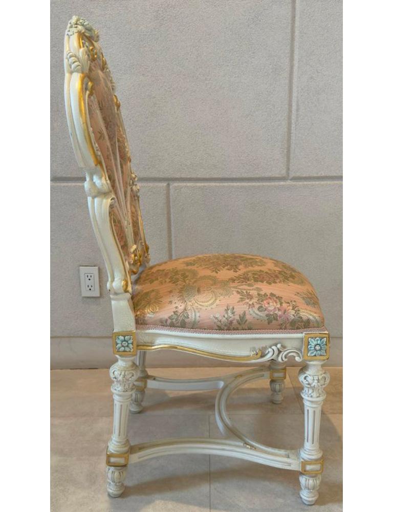 Italian Baroque Style Dining Chair in Antiqued White & Silk Upholstery,  14 pcs  In Good Condition For Sale In Plainview, NY