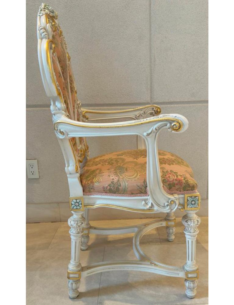 Italian Baroque Style Dining Chair in Antiqued White & Silk Upholstery,  14 pcs 4