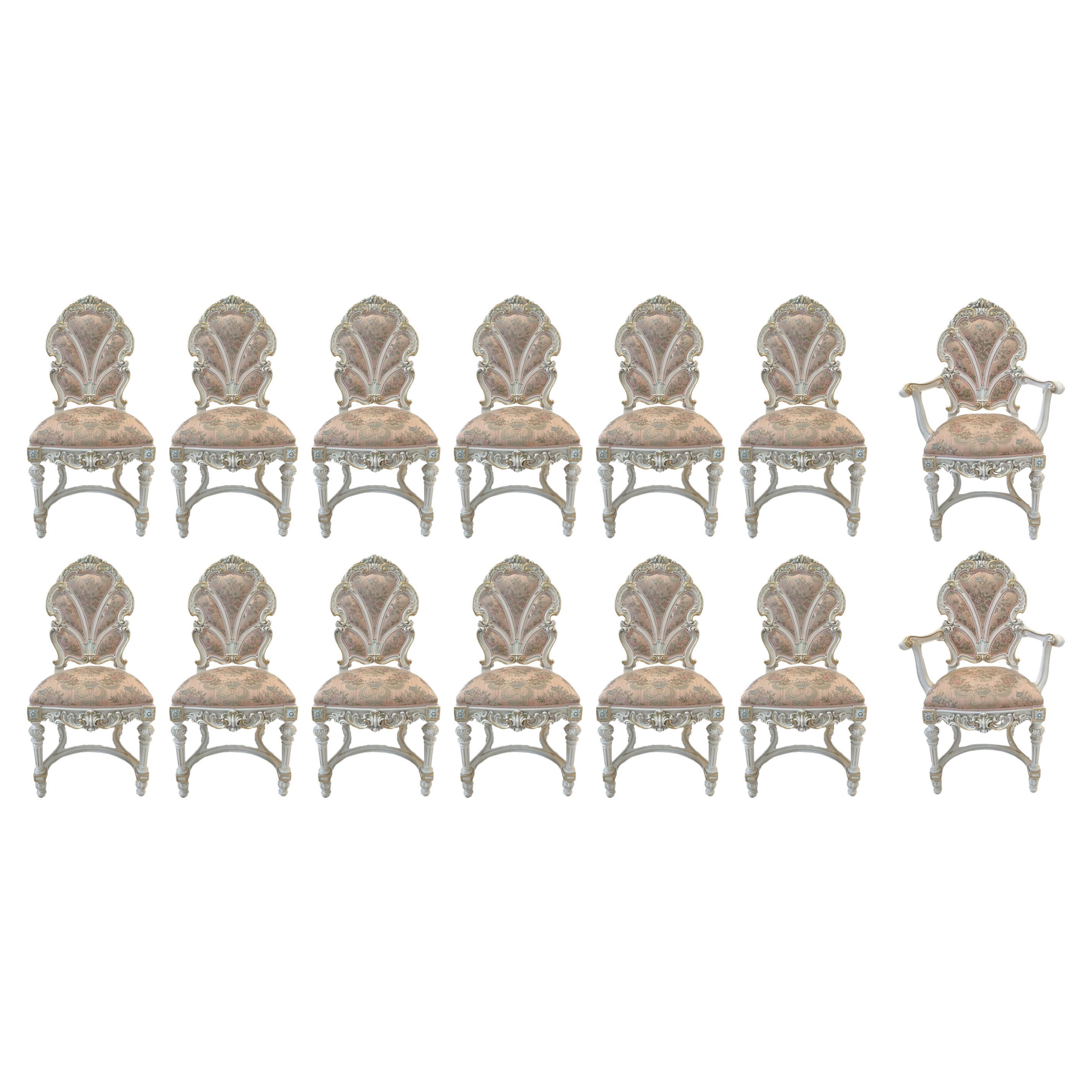 Italian Baroque Style Dining Chair in Antiqued White & Silk Upholstery,  14 pcs  For Sale
