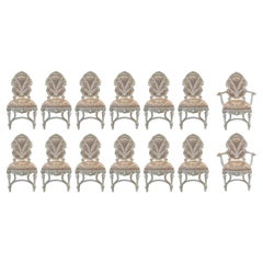 Vintage Italian Baroque Style Dining Chair in Antiqued White & Silk Upholstery,  14 pcs 