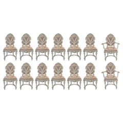 Italian Baroque Style Dining Chair in Antiqued White & Silk Upholstery, 14 pcs