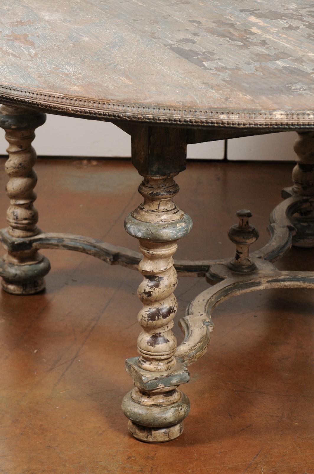 Painted Italian Baroque Style Dining Room Table with Barley Twist Legs and Stretcher
