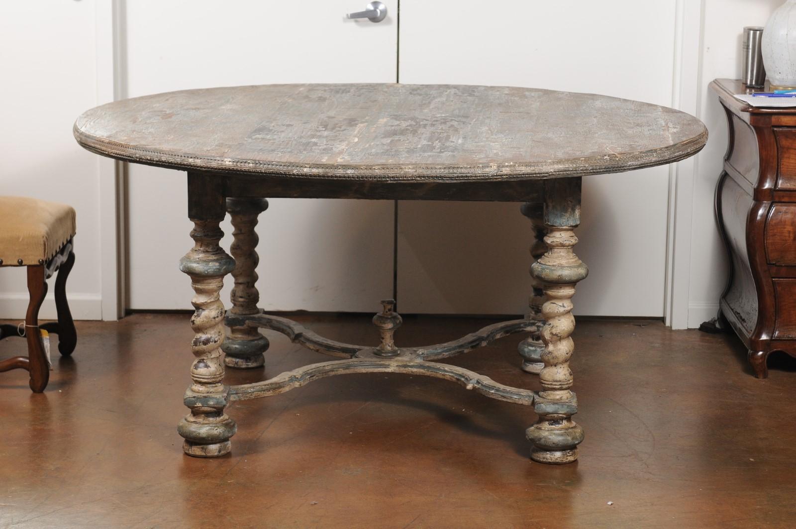 19th Century Italian Baroque Style Dining Room Table with Barley Twist Legs and Stretcher