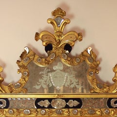 Miroir de Style Baroque Italien en Bois Doré et Verre Gravé Bleu