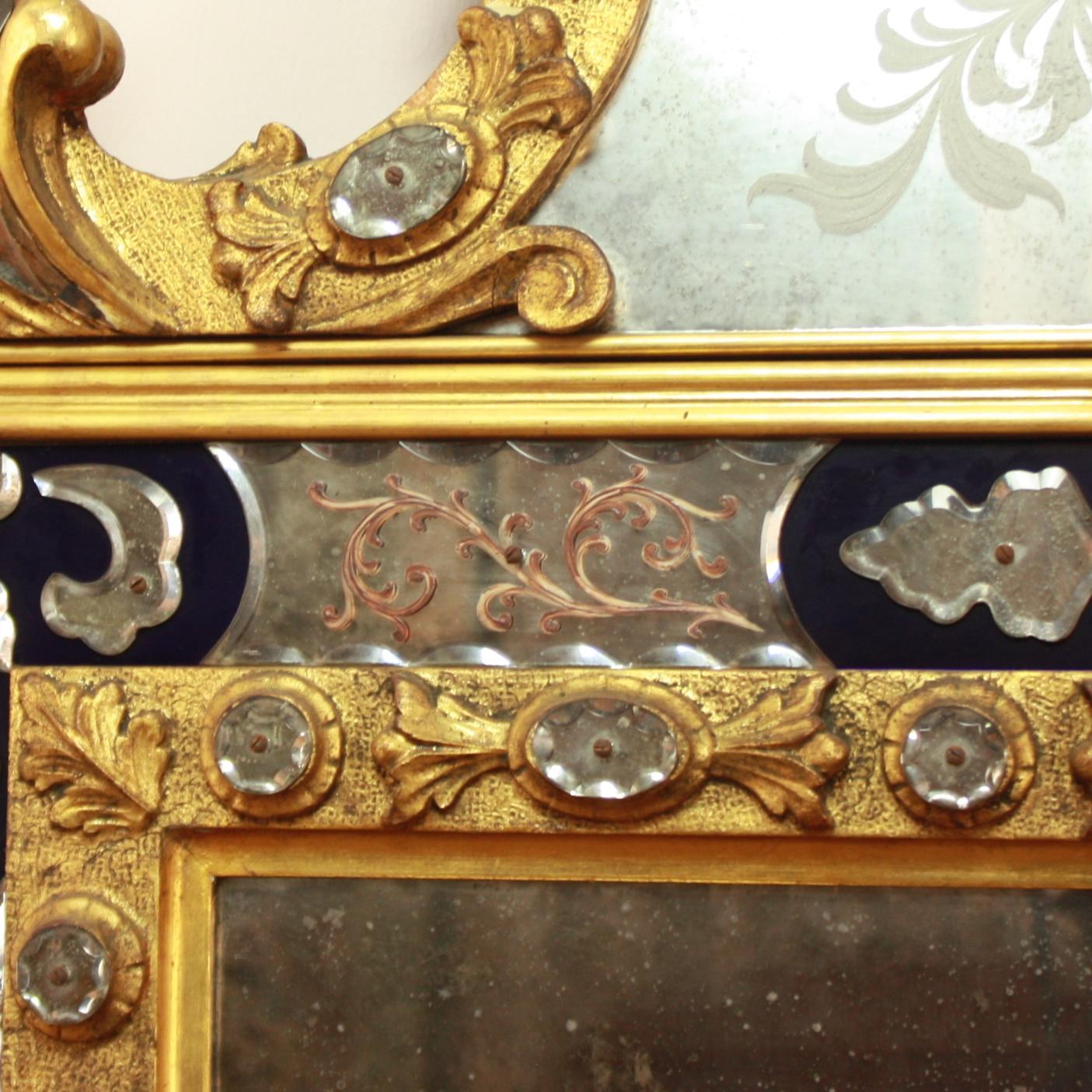  Italian Baroque Style Giltwood Blue and Engraved Glass Mirror For Sale 2