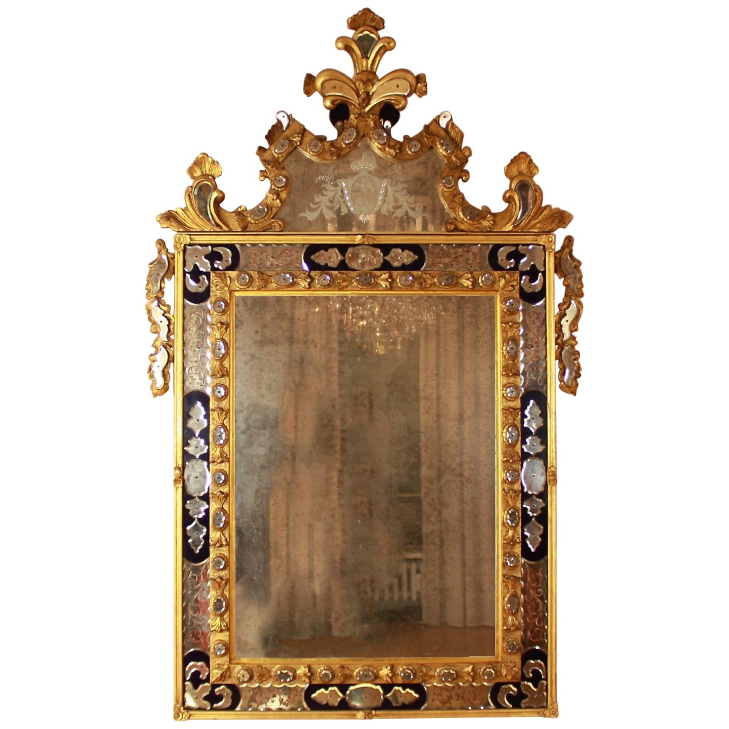  Italian Baroque Style Giltwood Blue and Engraved Glass Mirror