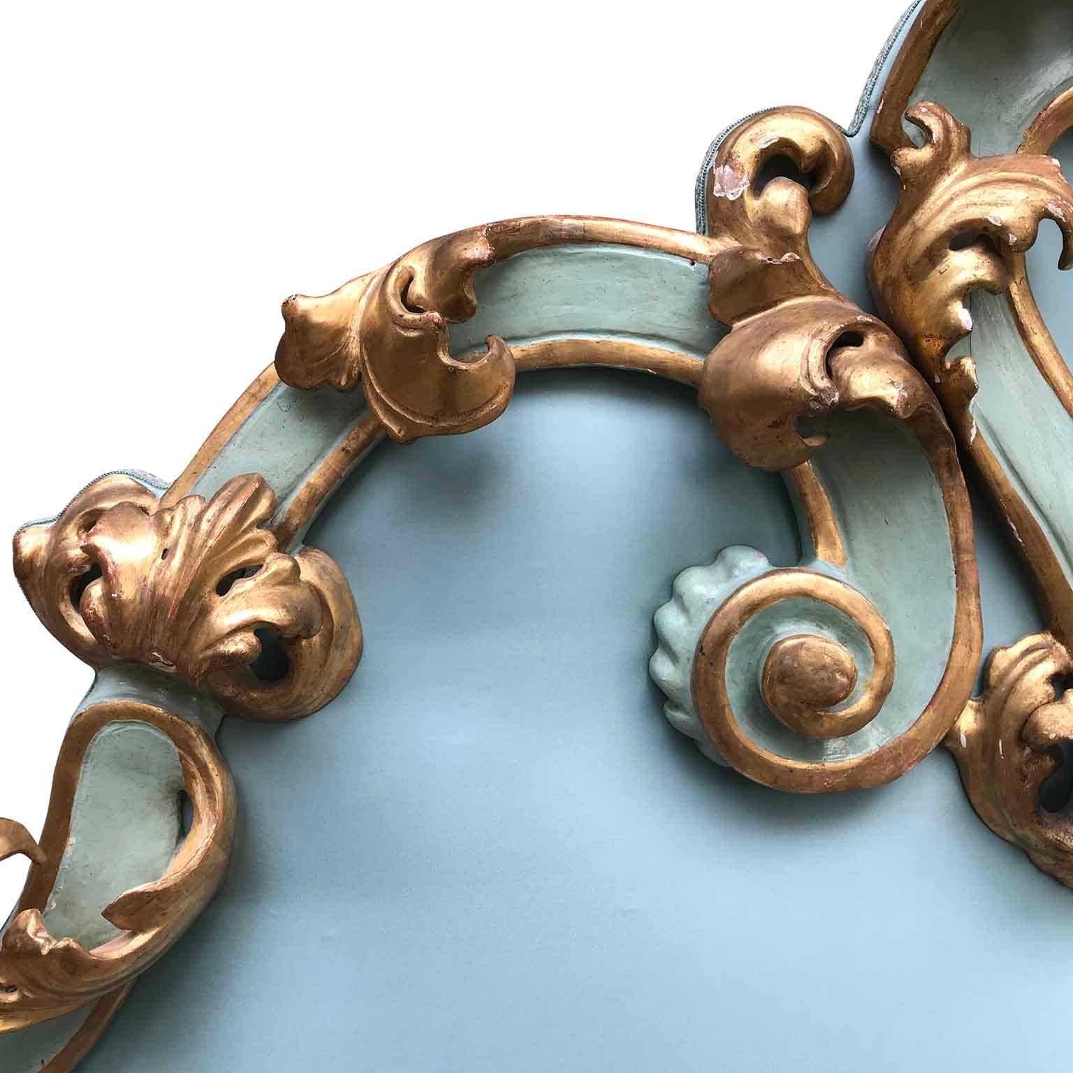 Carved Italian Baroque Style Giltwood Headboard 20th Century with Turquoise Upholstery