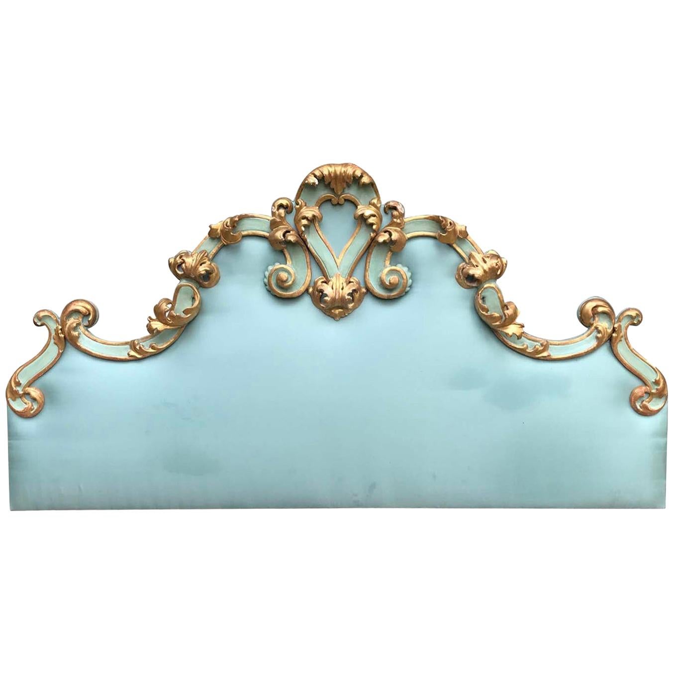 Italian Baroque Style Giltwood Headboard 20th Century with Turquoise Upholstery