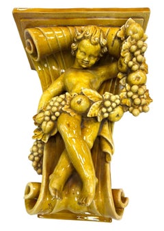 Grand Tour Baroque Revival Majolica Putto & Fruit Wall Bracket