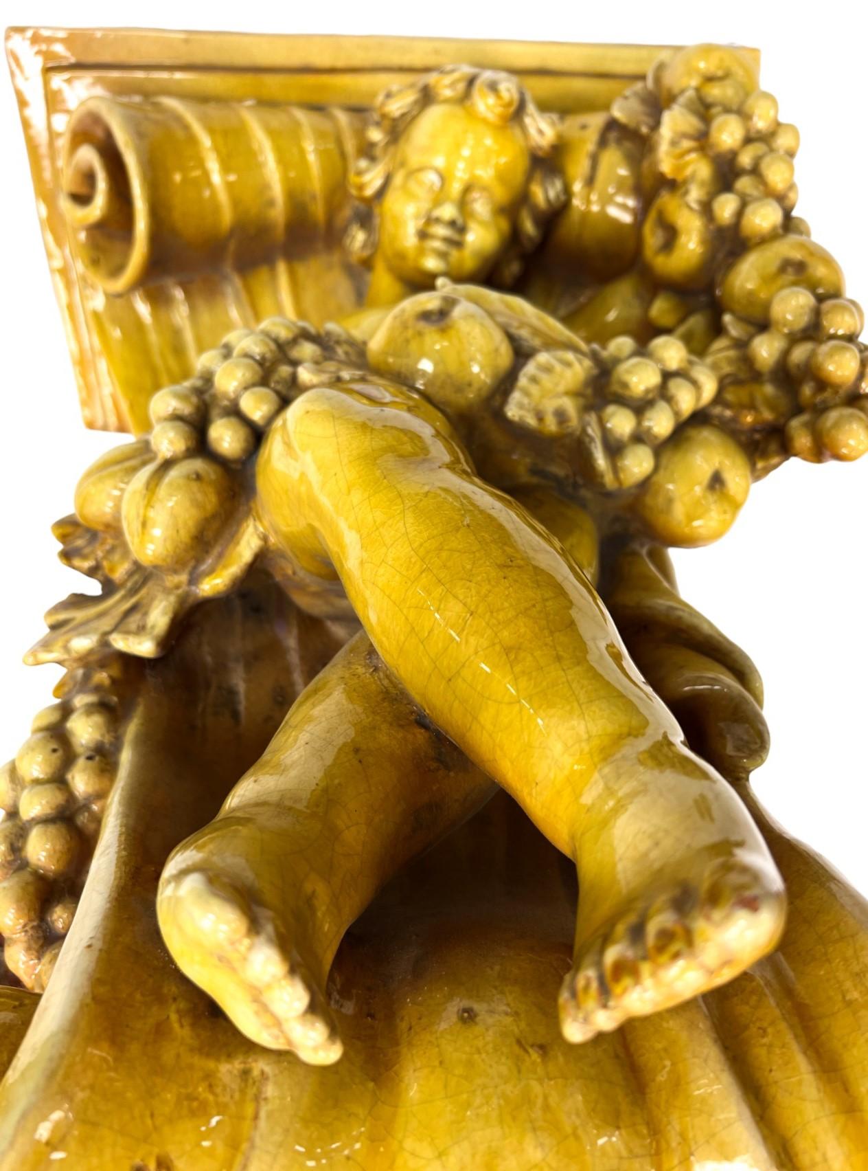 Italian Baroque-Style Glazed Pottery Putto Wall Bracket For Sale 1