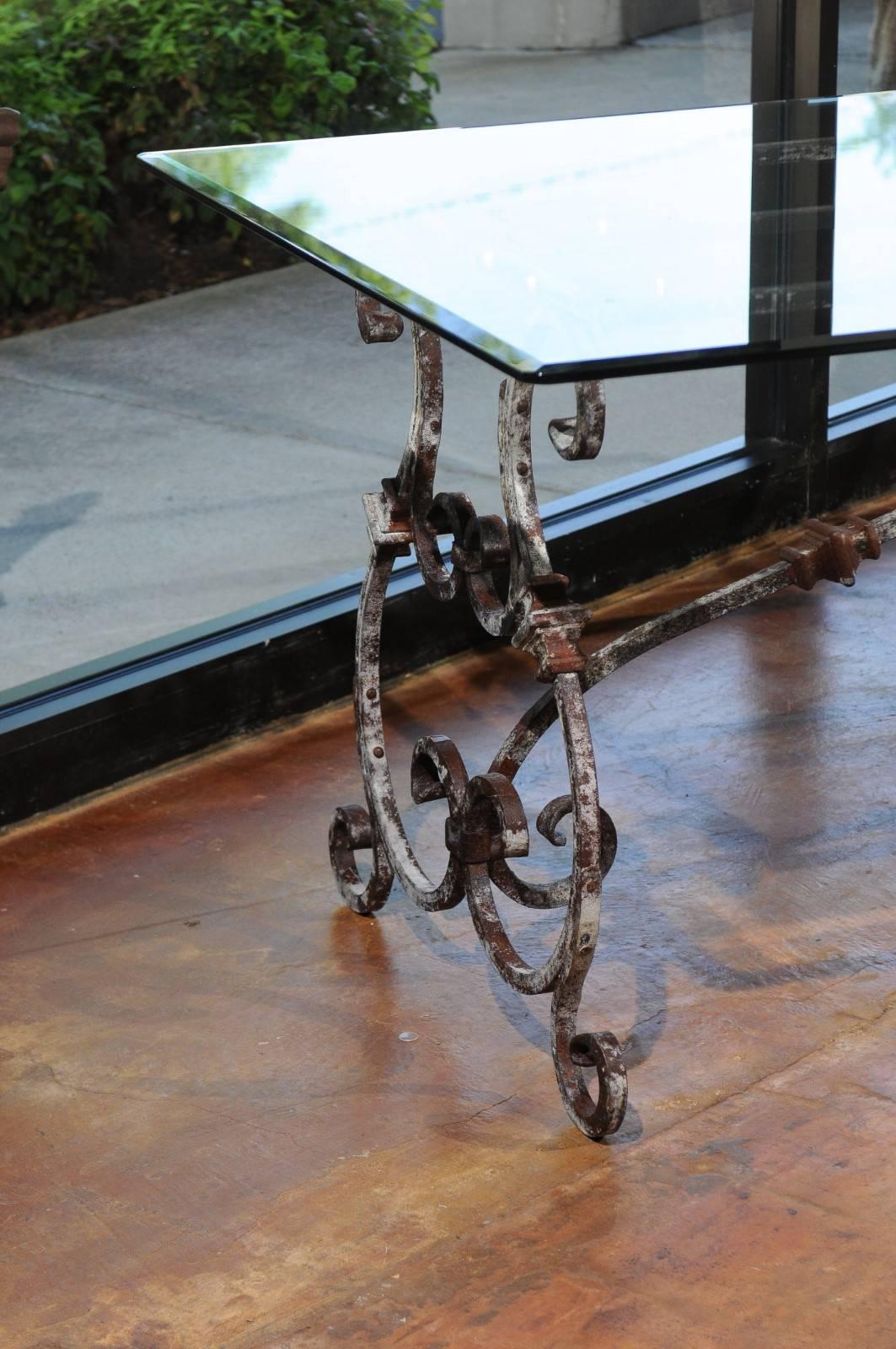 Italian Baroque Style Hand-Forged Iron Table Base with New Custom-Made Glass Top In Good Condition In Atlanta, GA