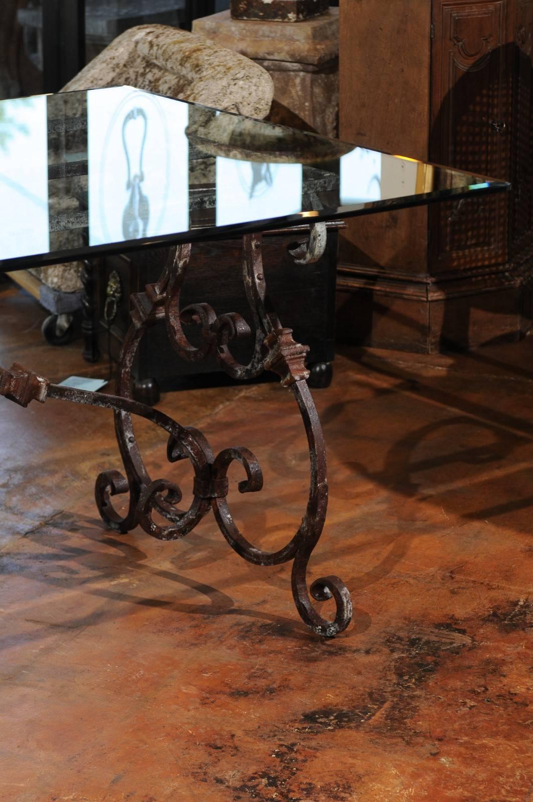20th Century Italian Baroque Style Hand-Forged Iron Table Base with New Custom-Made Glass Top