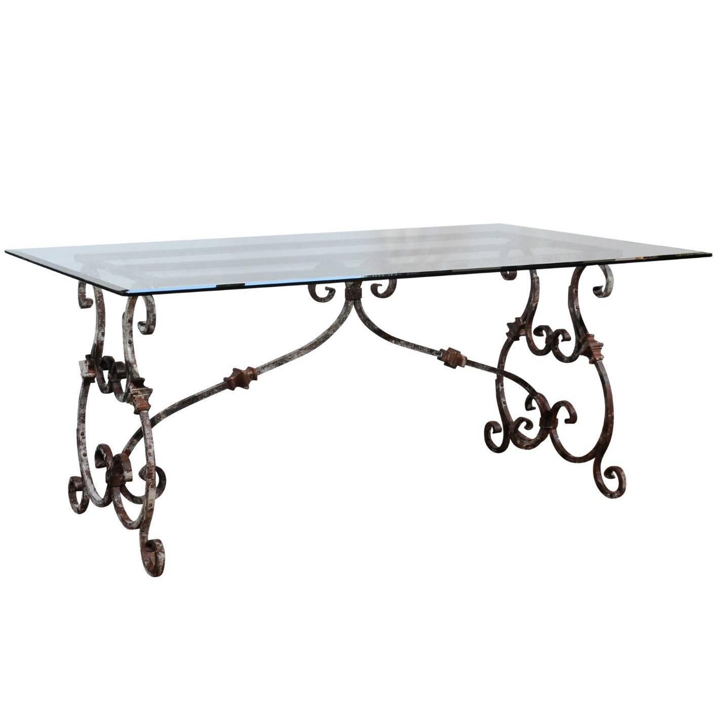Italian Baroque Style Hand-Forged Iron Table Base with New Custom-Made Glass Top