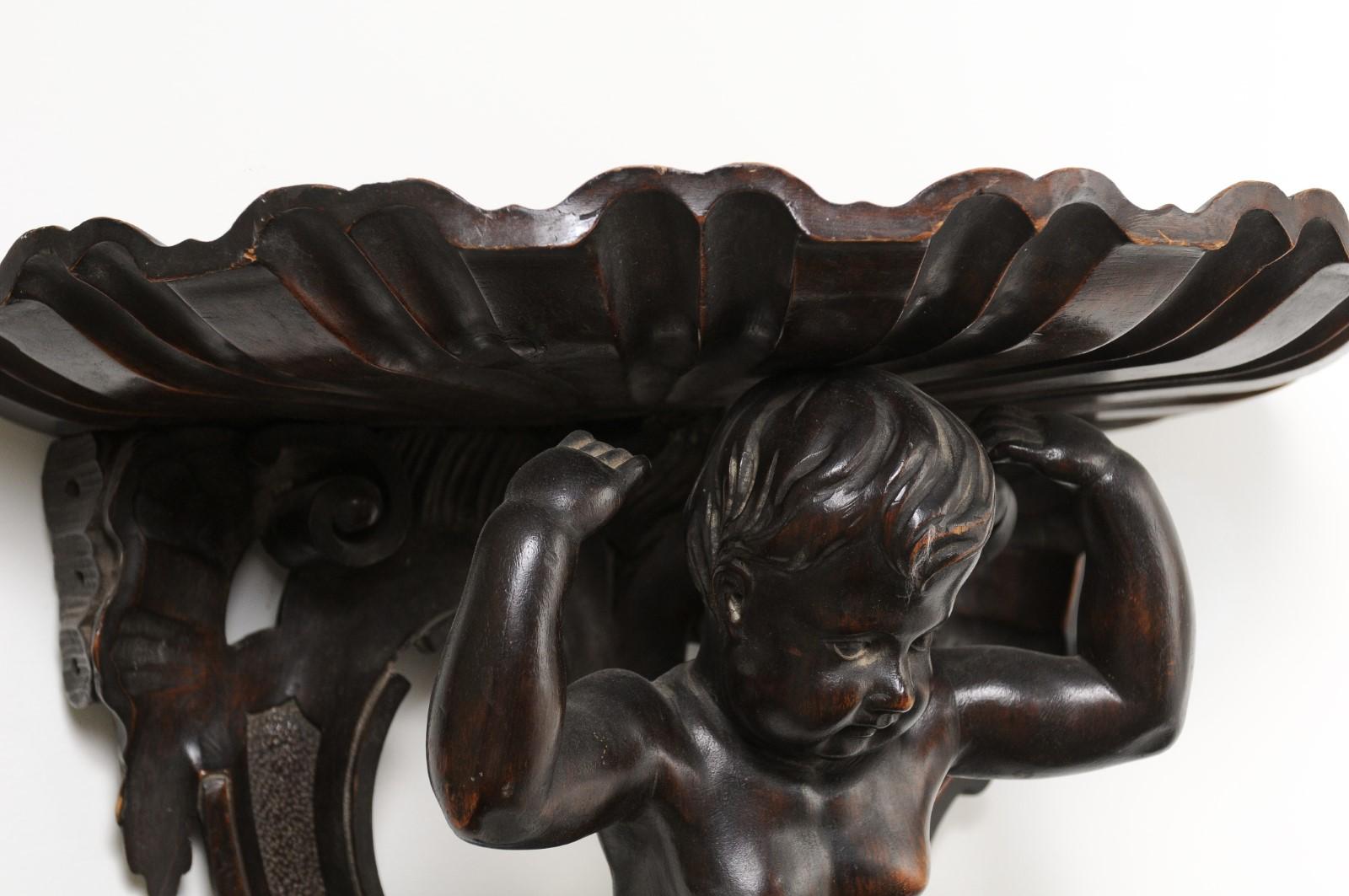 Italian Baroque Style Late 19th Century Fruitwood Wall Bracket with Carved Putto For Sale 8