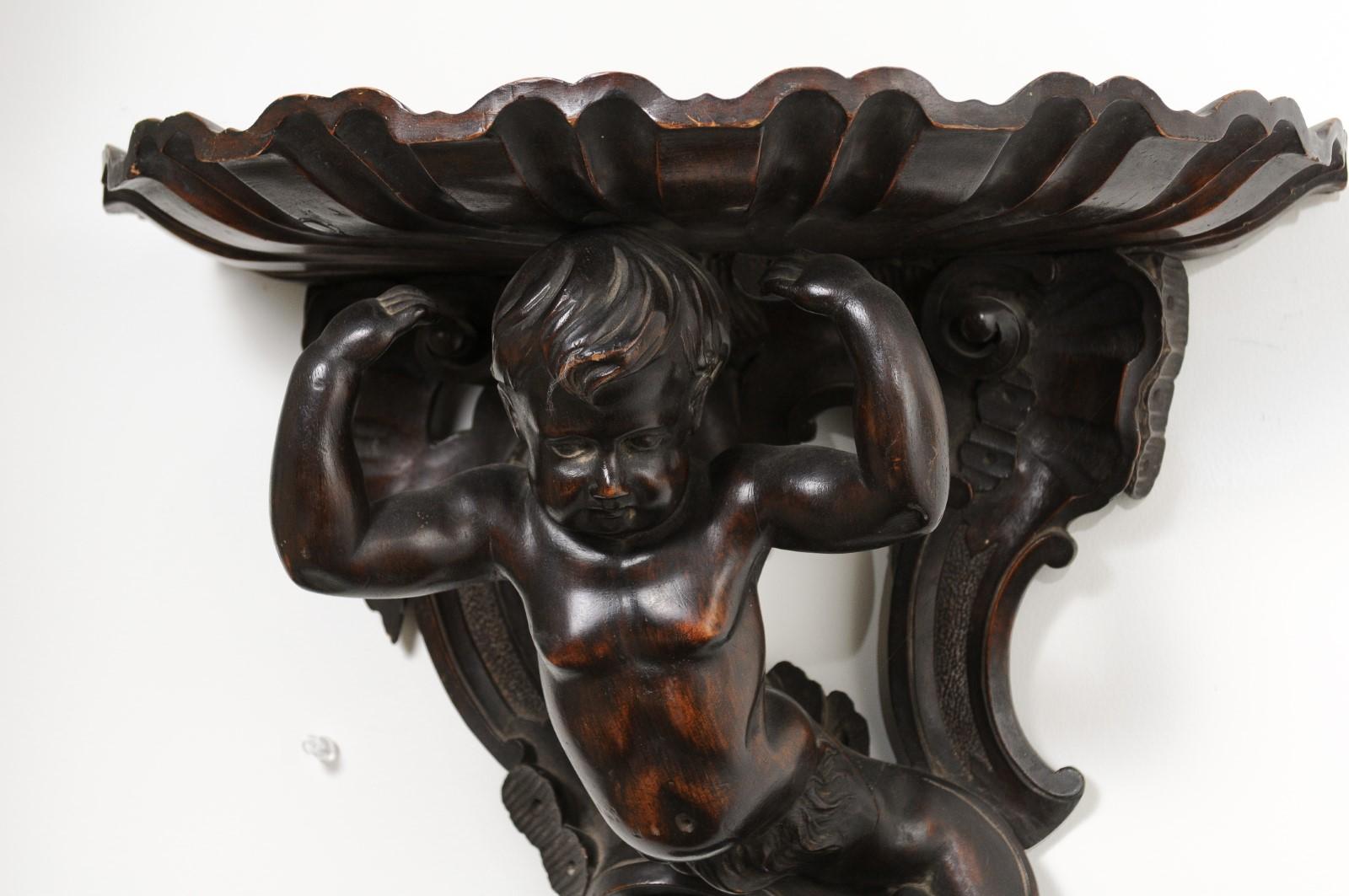 Italian Baroque Style Late 19th Century Fruitwood Wall Bracket with Carved Putto For Sale 9