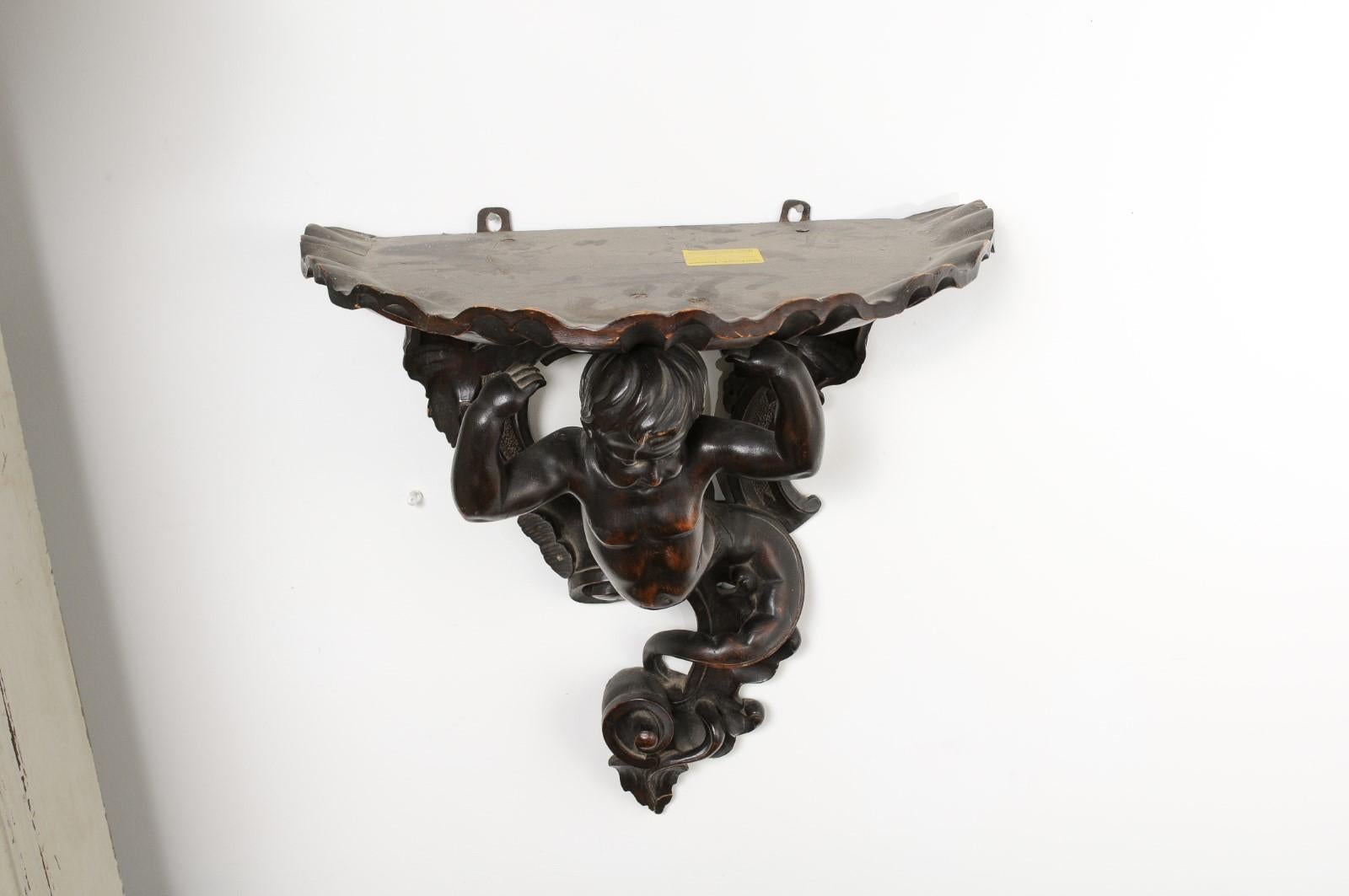 Italian Baroque Style Late 19th Century Fruitwood Wall Bracket with Carved Putto For Sale 5