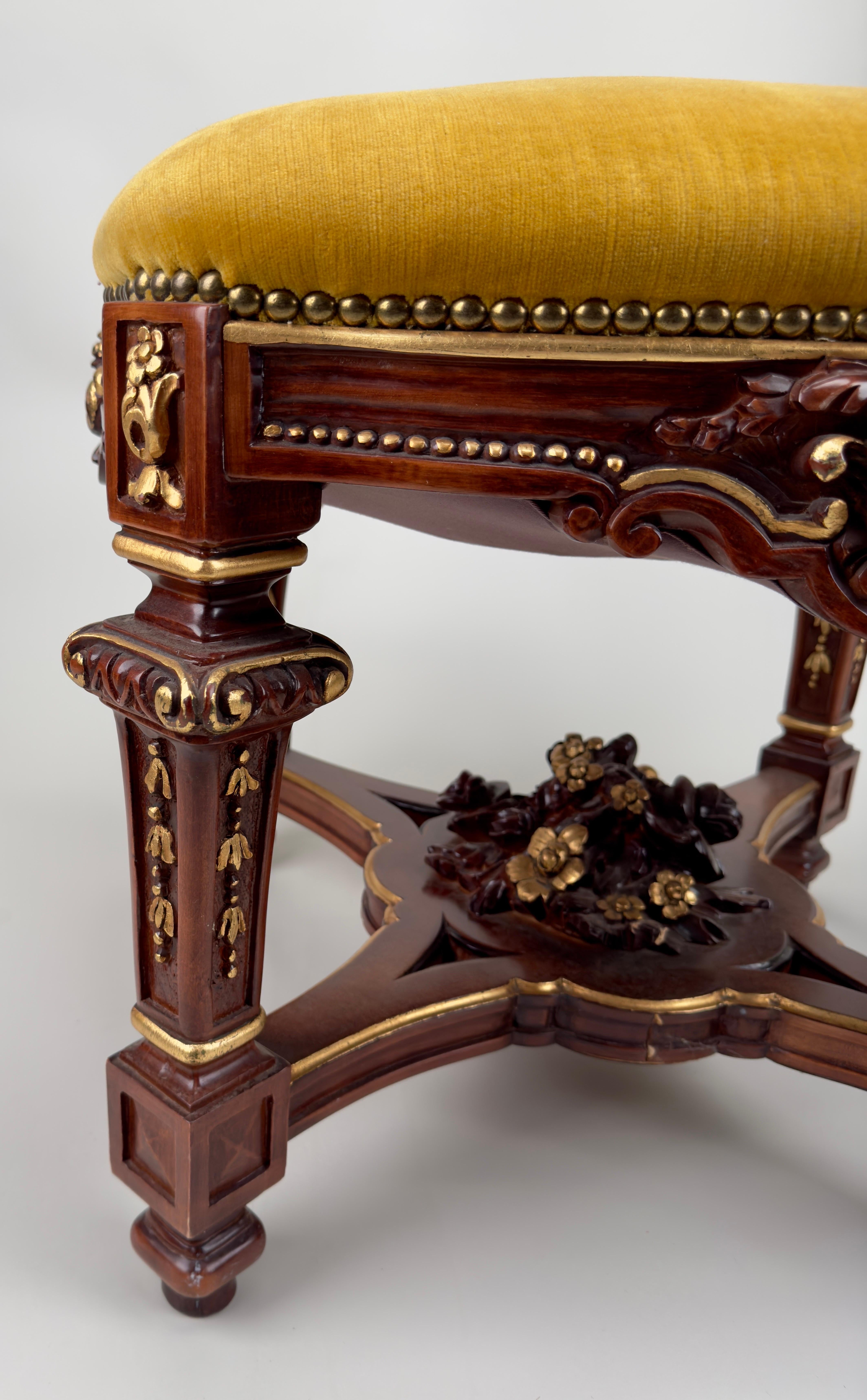 Carved Italian Baroque Style Mahogany & Yellow Mustard Velvet Cushion Ottoman or Bench  For Sale