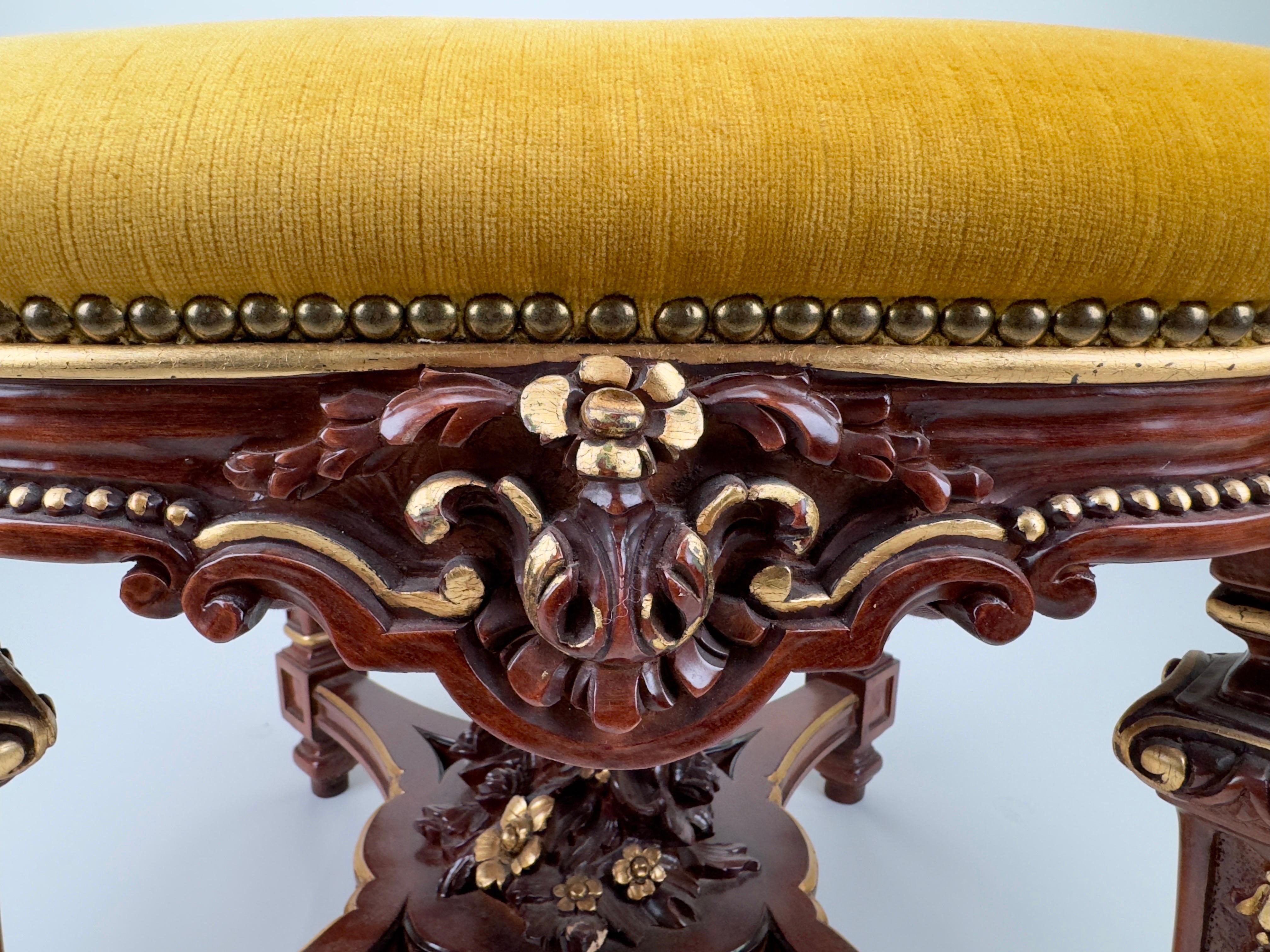 Italian Baroque Style Mahogany & Yellow Mustard Velvet Cushion Ottoman or Bench  For Sale 2