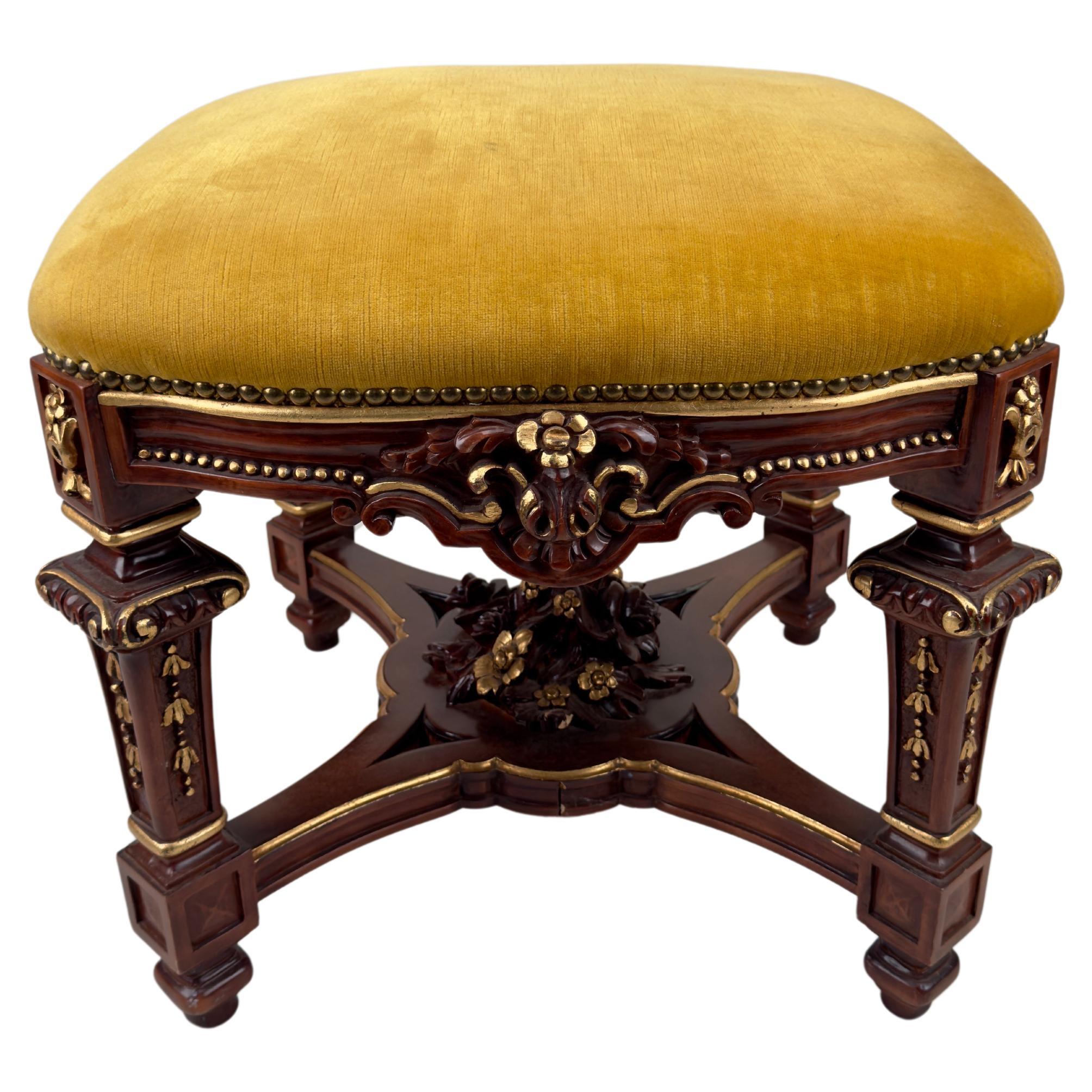 Italian Baroque Style Mahogany & Yellow Mustard Velvet Cushion Ottoman or Bench 