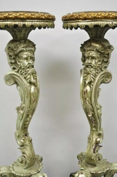 Italian Baroque Style Marble Top Figural Bearded Man Pedestal Stands - a Pair