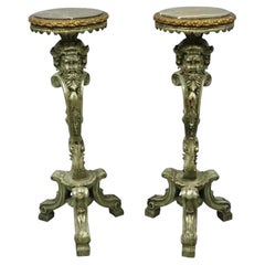 Italian Baroque Style Marble Top Figural Bearded Man Pedestal Stands - a Pair