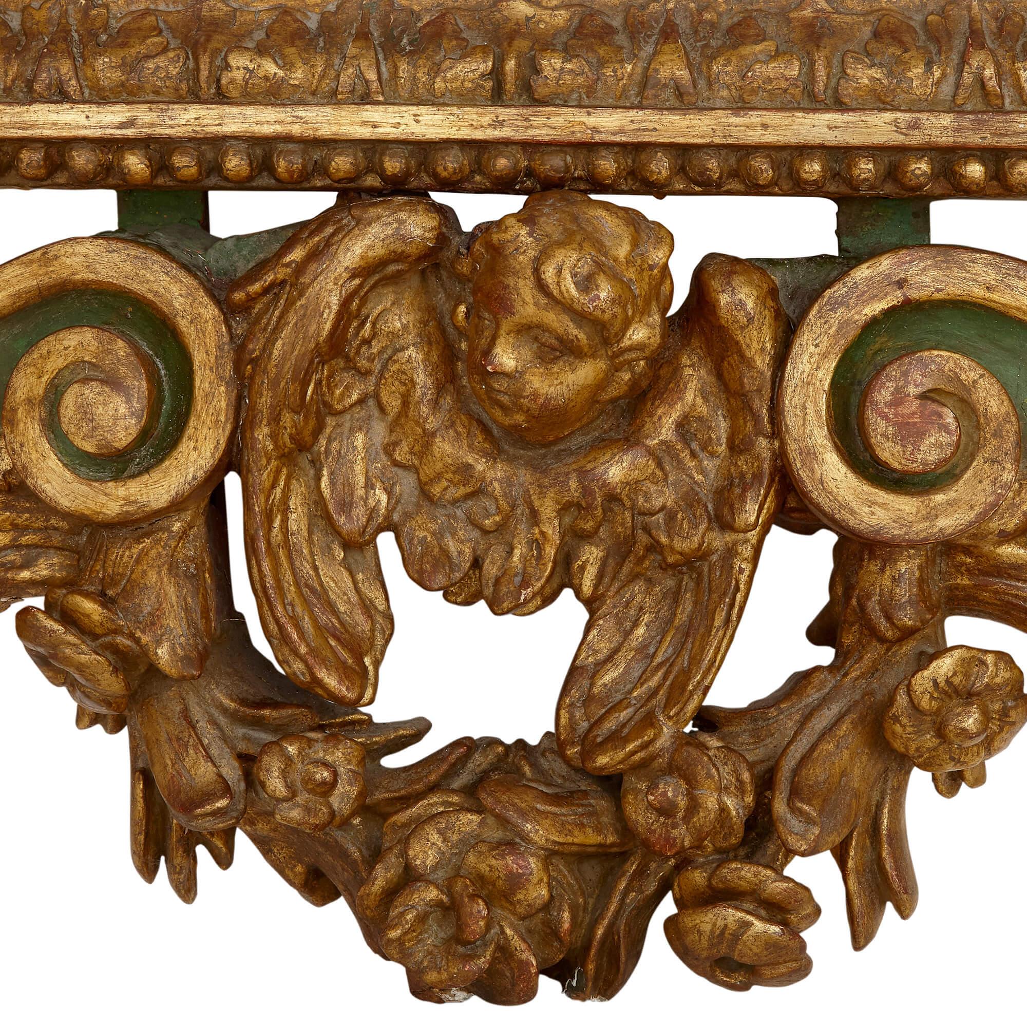 Sculpté Miroir Mural Italien de Style Baroque en Bois Peint et Doré en vente