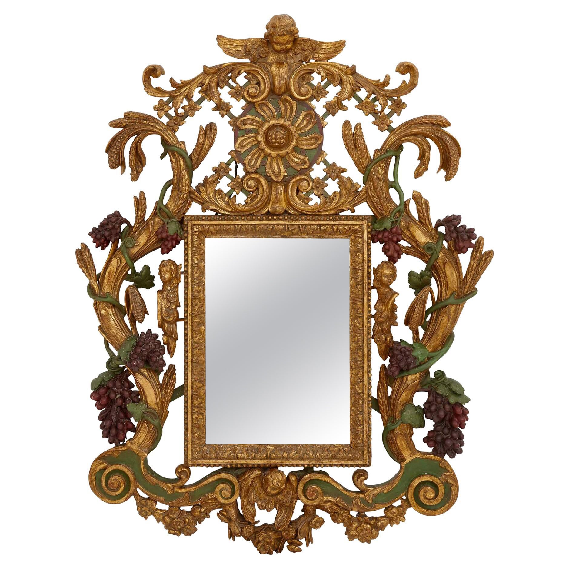 Miroir Mural Italien de Style Baroque en Bois Peint et Doré
