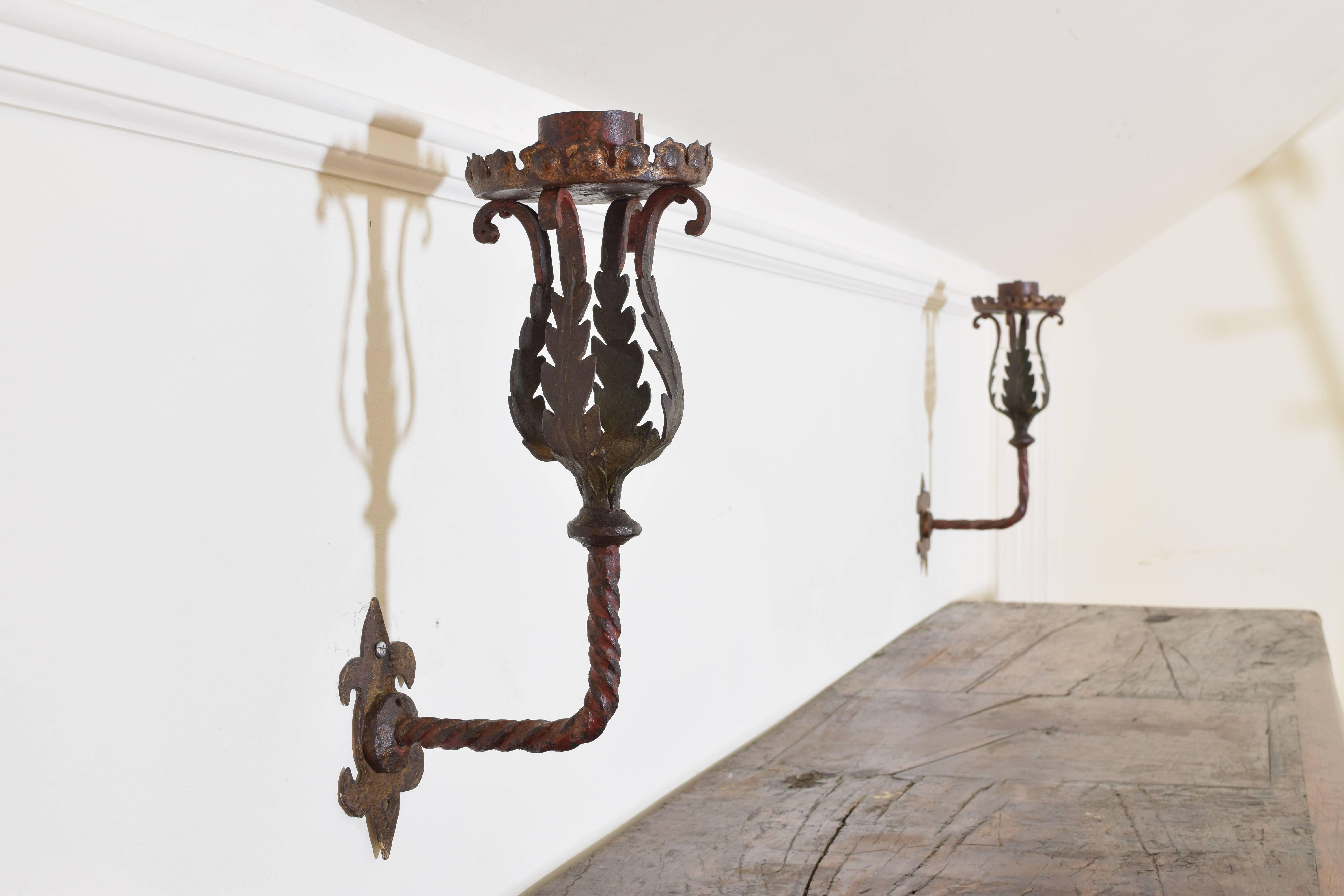 Gilt Italian Baroque Style Pair of Wrought Iron and Painted Sconces, Mid-19th Century