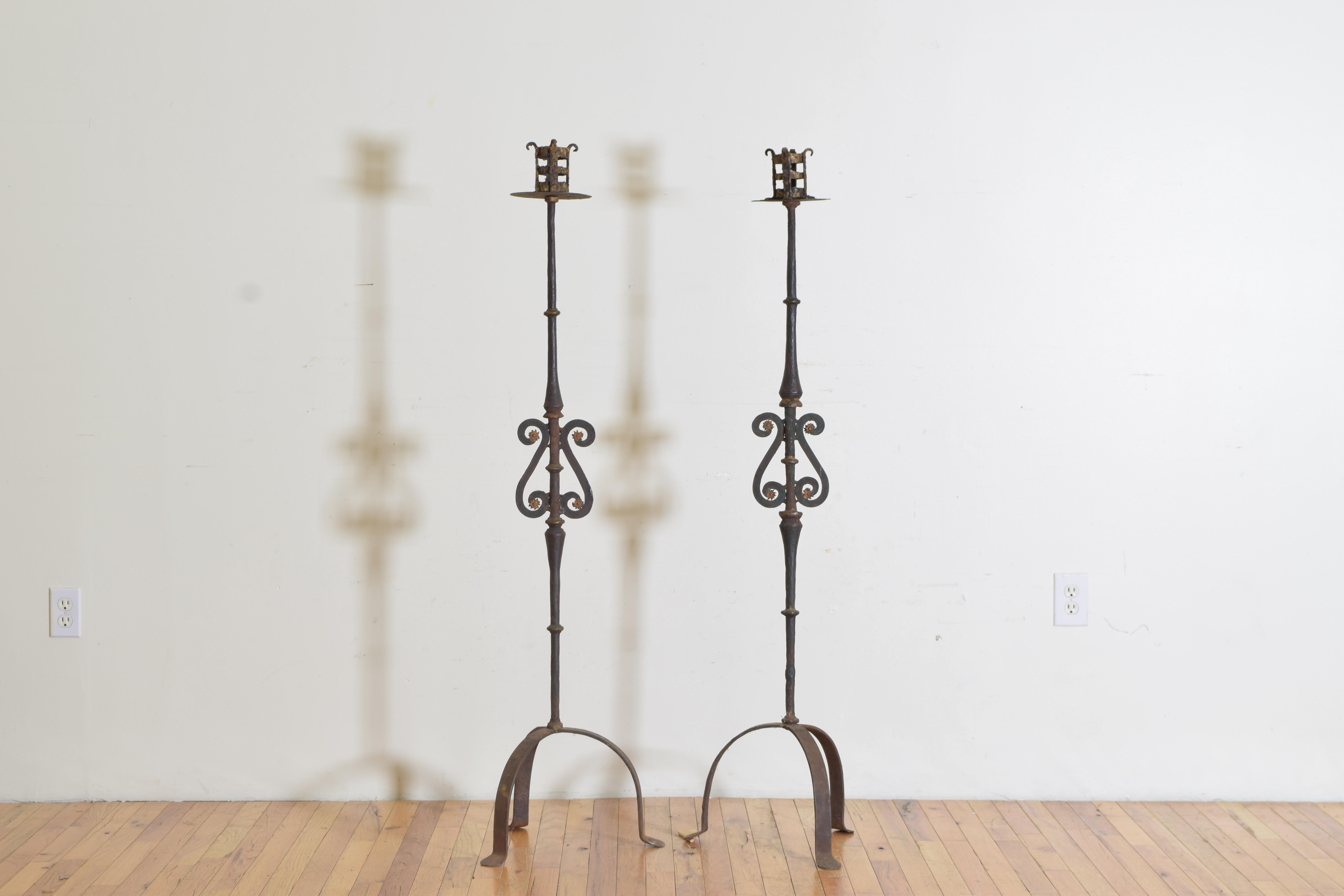 Forged Italian Baroque Style Pair of Wrought Iron Torcheres, 19th C.