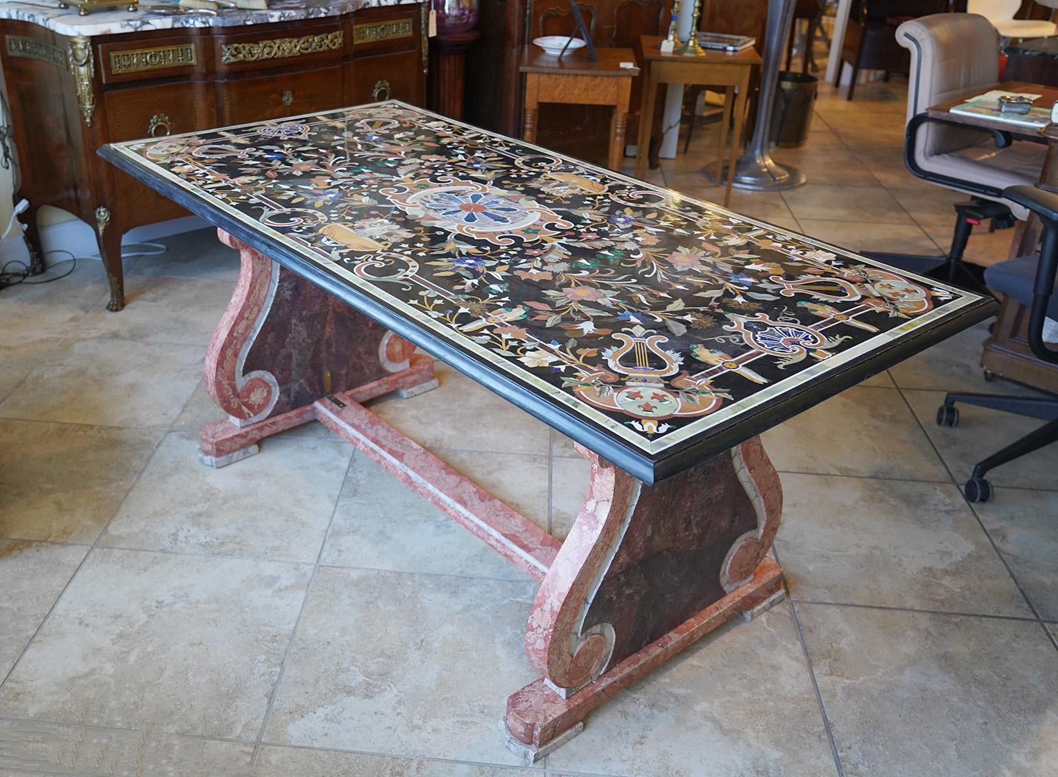 Italian Baroque Style Pietra Dura Dining Table on Carved Marbleized Pedestals 5