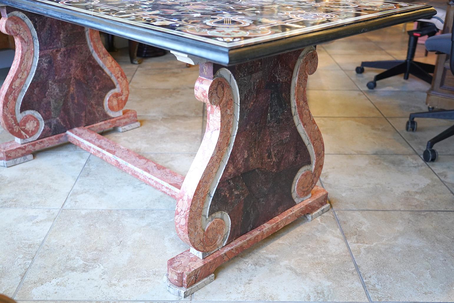 Italian Baroque Style Pietra Dura Dining Table on Carved Marbleized Pedestals 6