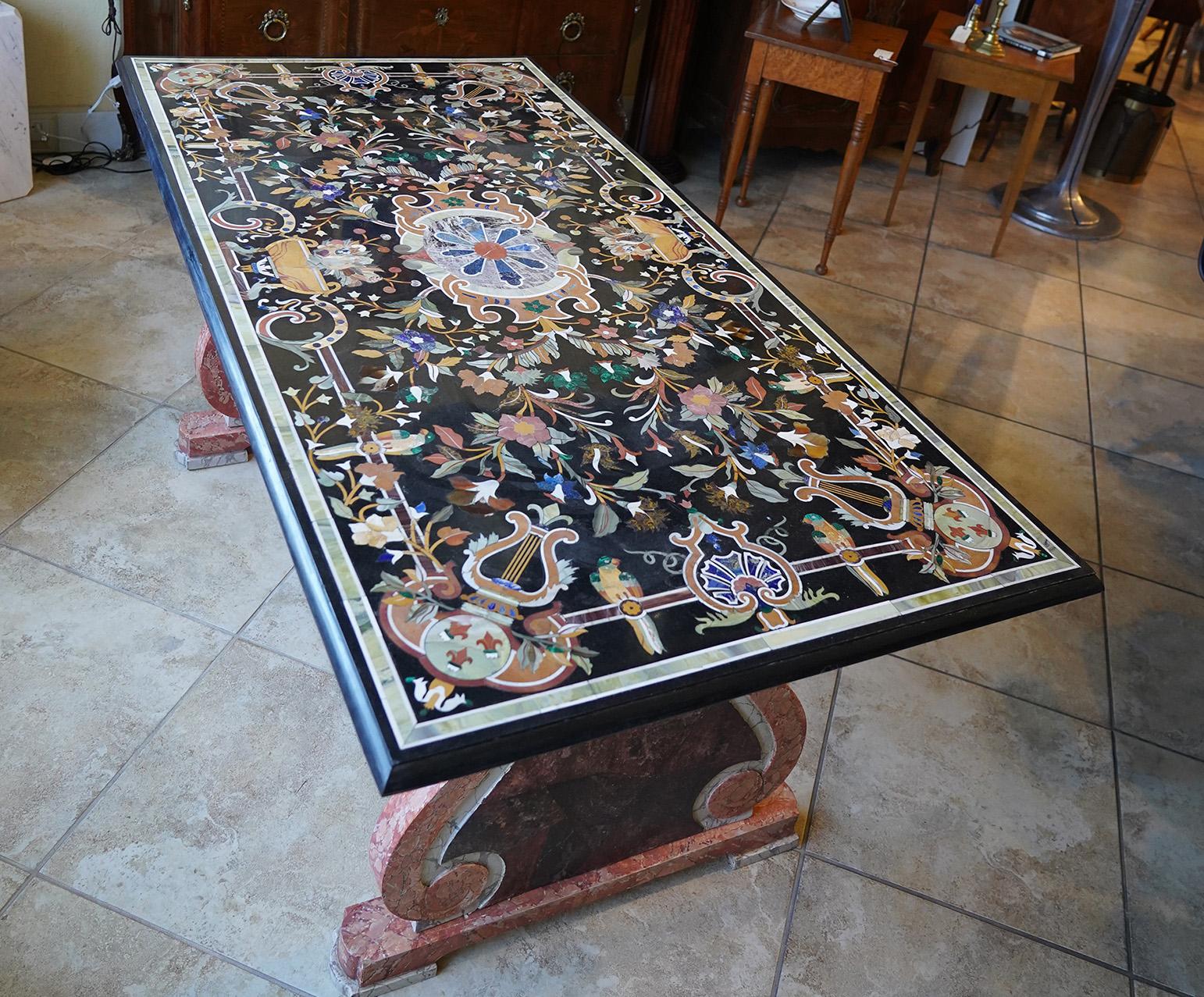 Italian Baroque Style Pietra Dura Dining Table on Carved Marbleized Pedestals 4