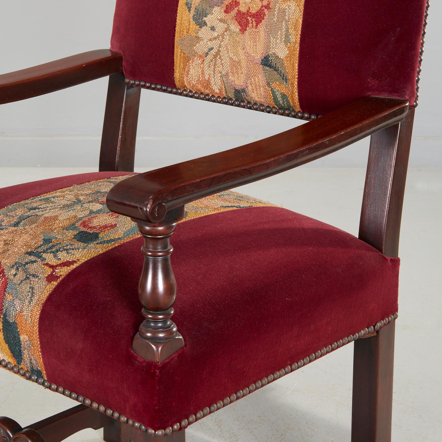 Early 20th c., a set of 8 one of a kind dining chairs by expert NYC cabinet makers Schmieg, Hungate and Kotzian in the Italian Baroque style, incl. (2) armchairs, (6) side chairs. All are covered in a rich wine red velvet with a central tapestry