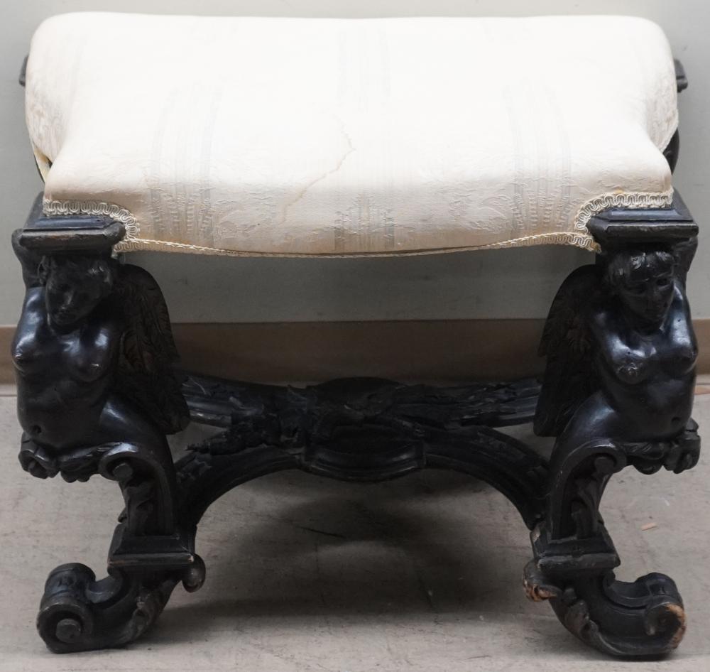 A very unusual Italian Baroque Style Sculpted Walnut Figural Upholstered  Bench, Circa late 18th Century- Early 19th Century.
Measures 20