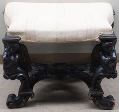 Italian Baroque Style Sculpted Walnut Figural Upholstered  Bench, Circa 18th