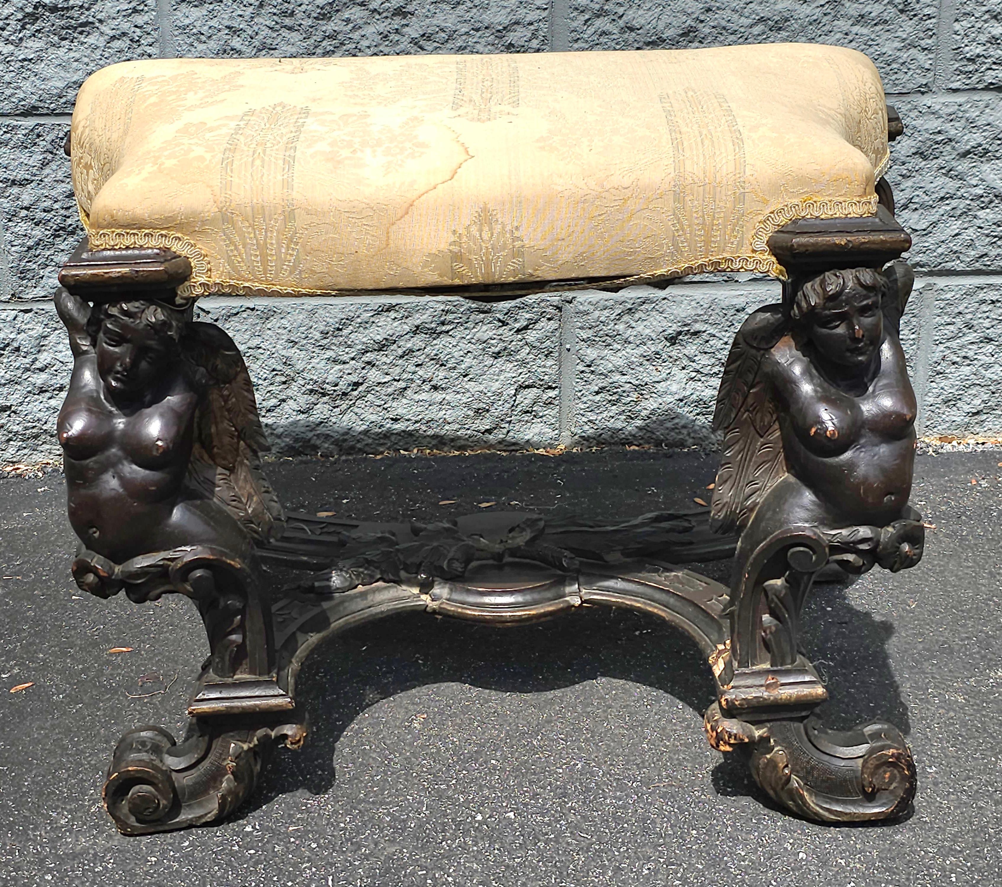 Stained Italian Baroque Style Sculpted Walnut Figural Upholstered  Bench, Circa 18th For Sale