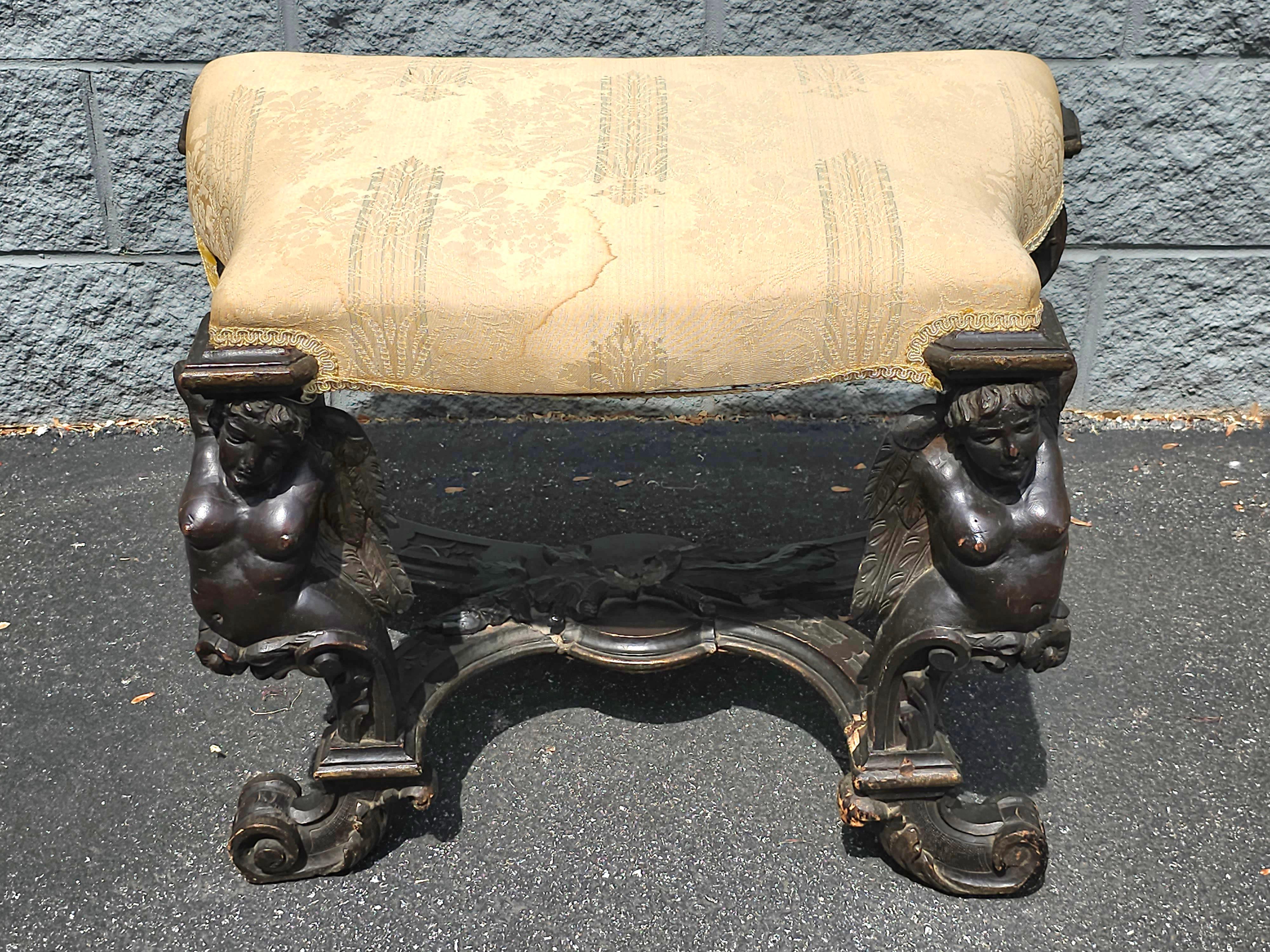 Italian Baroque Style Sculpted Walnut Figural Upholstered  Bench, Circa 18th In Good Condition For Sale In Germantown, MD