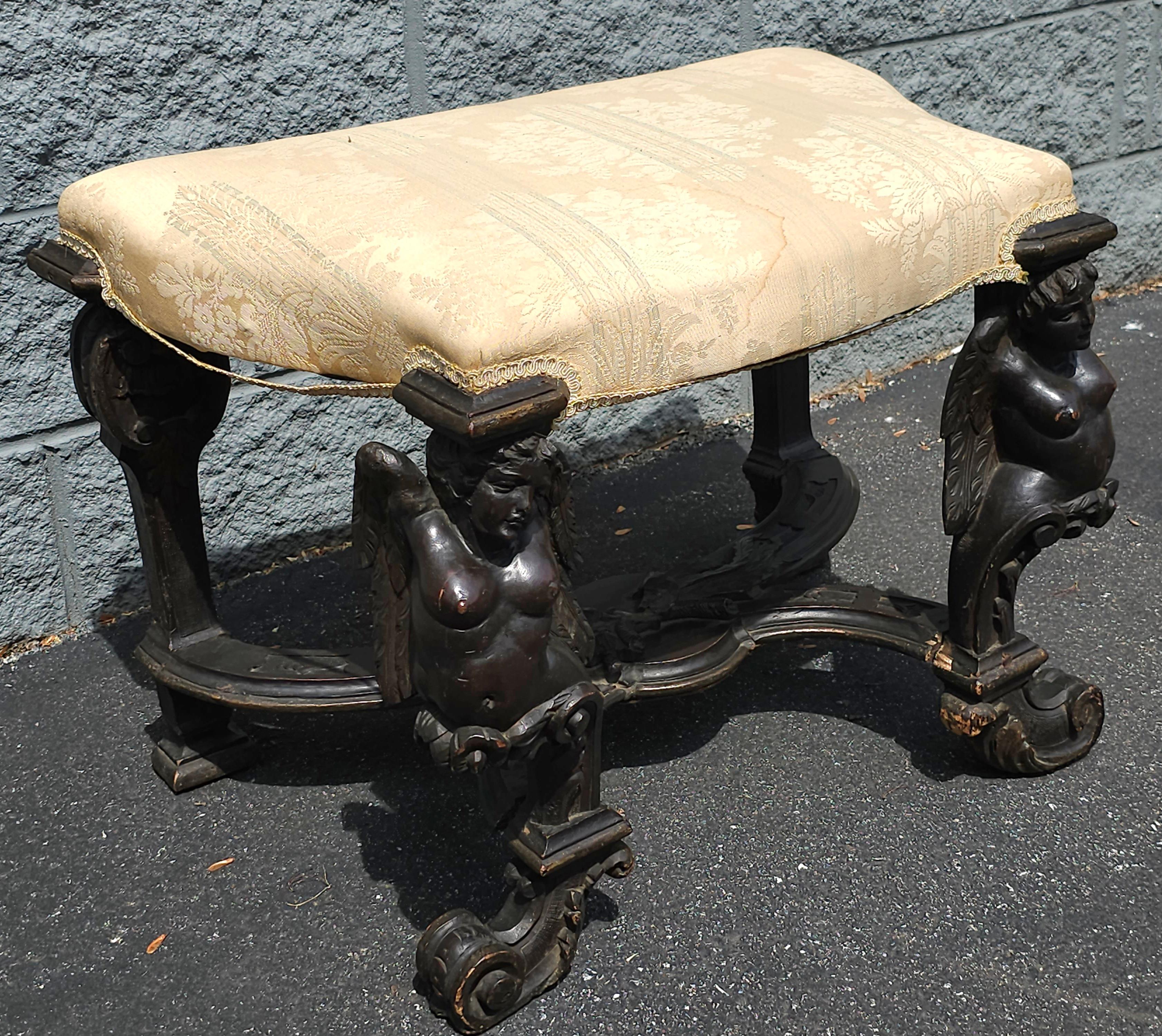 18th Century Italian Baroque Style Sculpted Walnut Figural Upholstered  Bench, Circa 18th For Sale