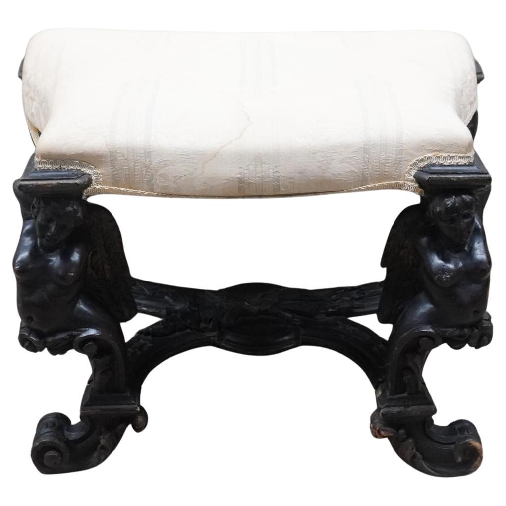 Italian Baroque Style Sculpted Walnut Figural Upholstered  Bench, Circa 18th For Sale
