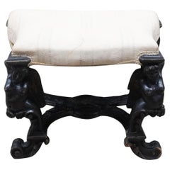 Antique Italian Baroque Style Sculpted Walnut Figural Upholstered  Bench, Circa 18th