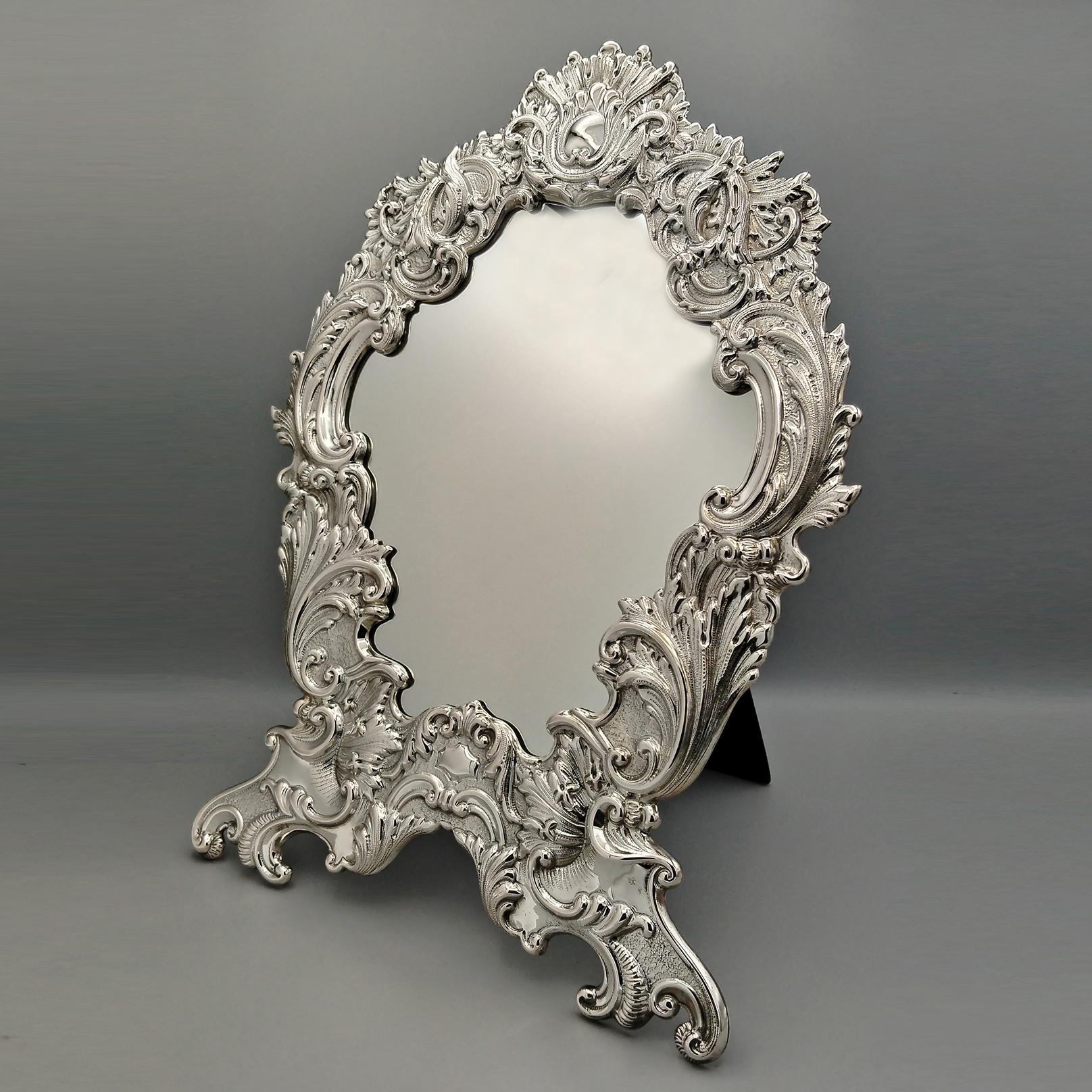 Italian Baroque style table mirror in 800 solid silver with velvet back. For Sale 7