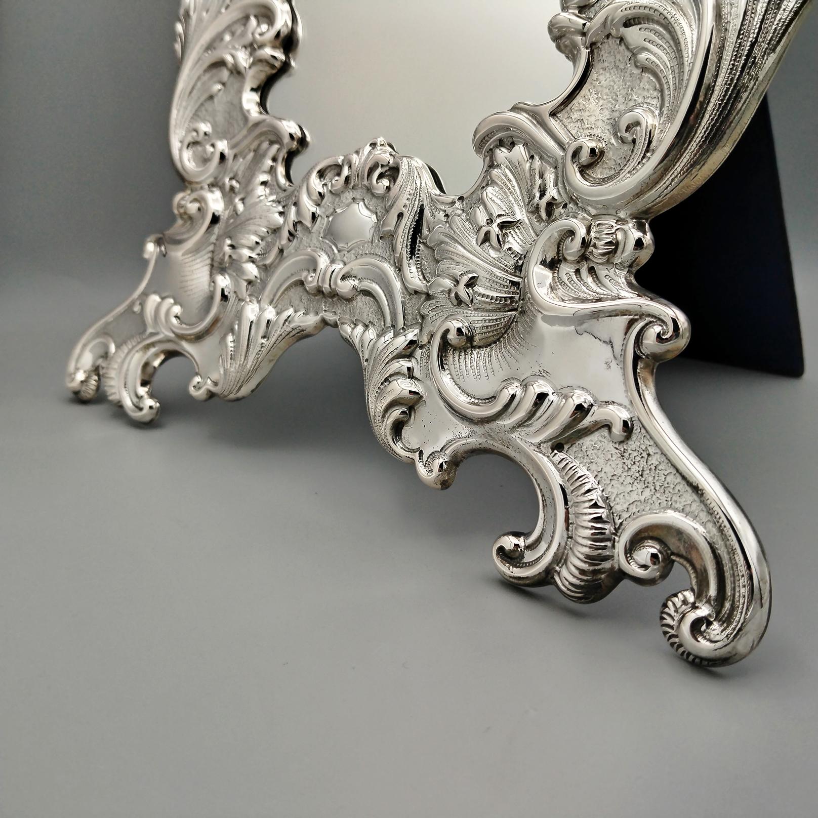 Hand-Crafted Italian Baroque style table mirror in 800 solid silver with velvet back. For Sale