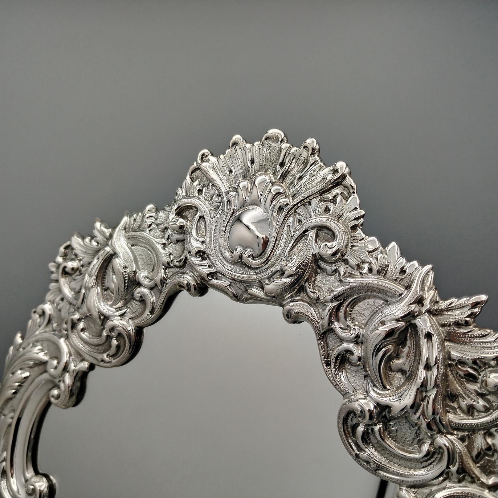 Late 20th Century Italian Baroque style table mirror in 800 solid silver with velvet back. For Sale